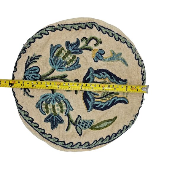 Vintage Handmade Crewel Embroidery Round Pillow Cover 12" Blue Thistle Design - Picture 7 of 14